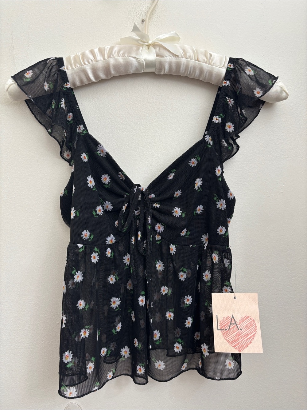 Black Daisy Tie-Front Sheer Tank Camisole